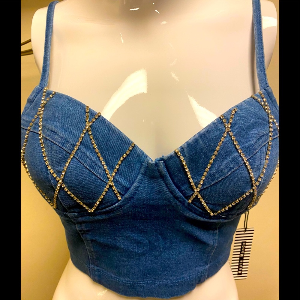 Haute Monde Denim Jeweled Crop Top